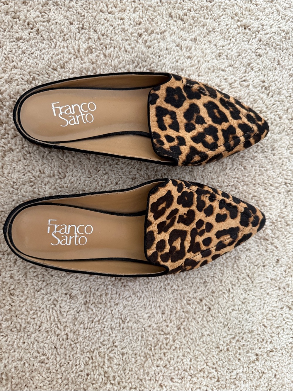 Franco Sarto Leopard Print Pointed Toe Mules in Tan and Black